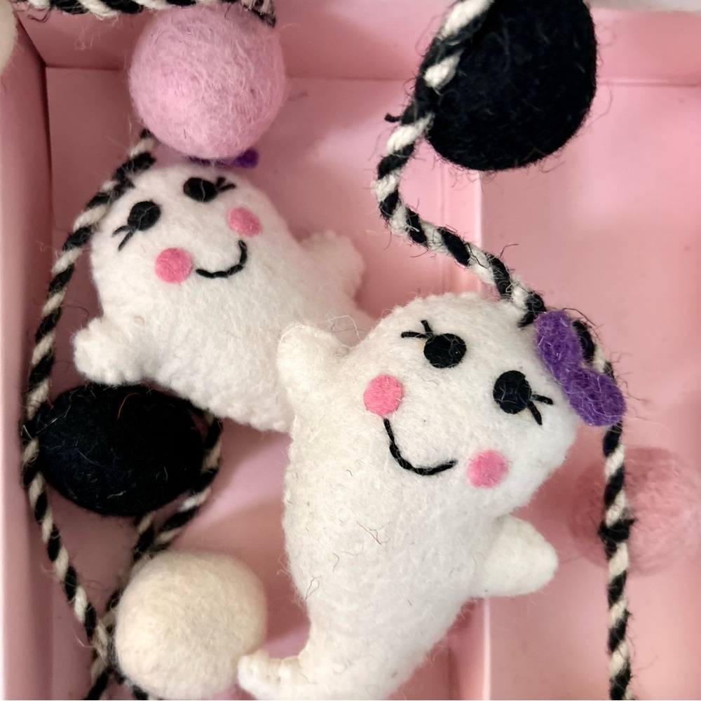 Girl Ghost In Bows Garland with Pink Black & Cream Fluff Balls of Wool 6 Feet